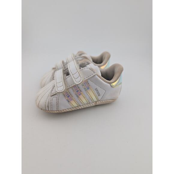 Adidas Baby Size 1k Superstar Crib Shoes Sneakers White Iridescent Silver 1 - Picture 4 of 8